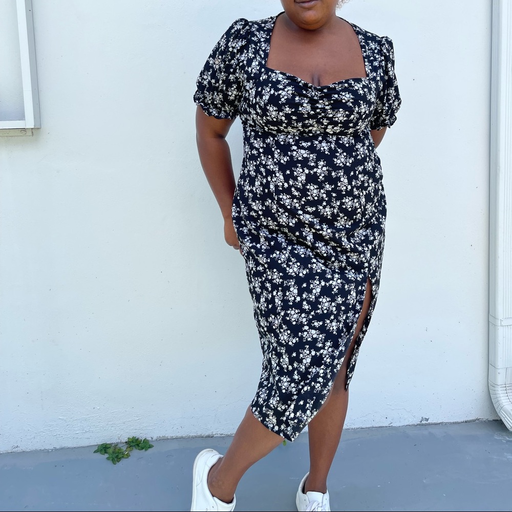Sweetheart neckline vintage style cottagecore dress with split thigh high hem